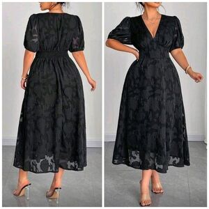 New Chic Sheer Textured Lace Puffed Sleeve Midi Dress PLUS Black
